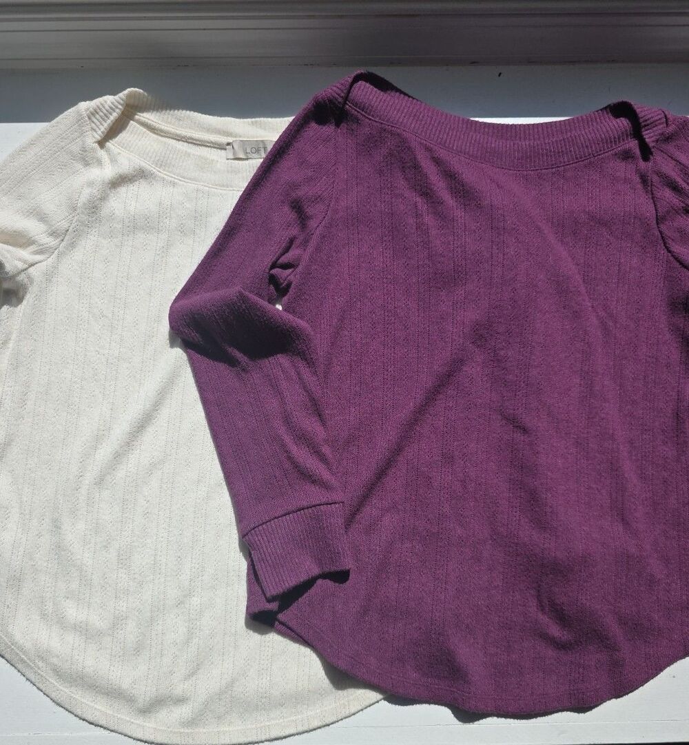 Ann Taylor Loft Tops Pair L Casual Boat Neck Ribbed Cotton Ivory Purple 2 Piece